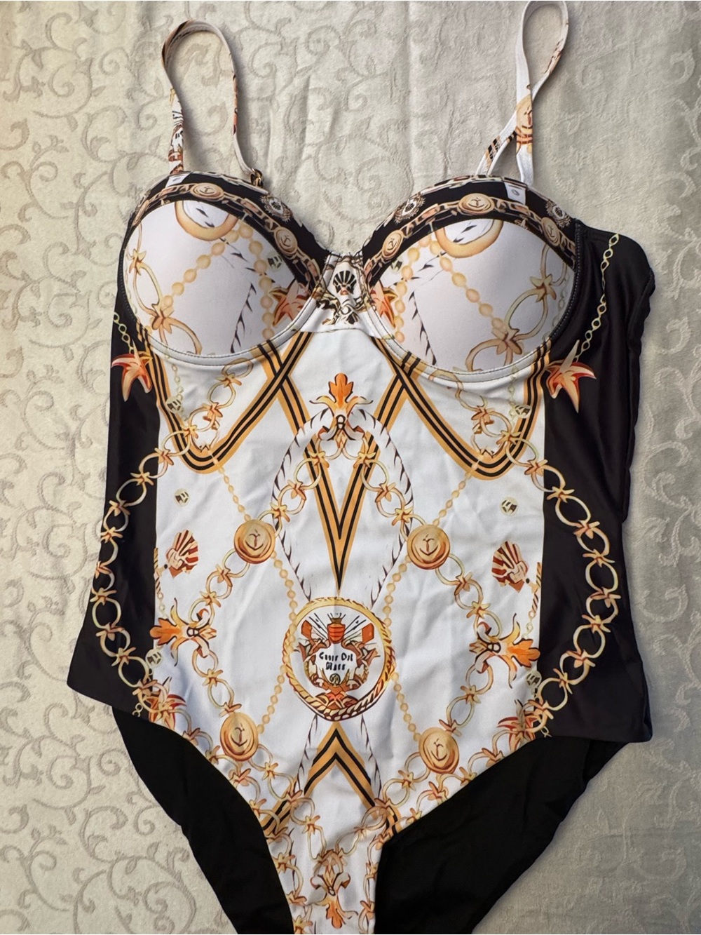 Chain Print One-Piece Swim Top in White and Black